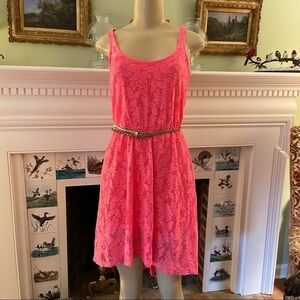 CANDIE’S salmon colored hi-lo dress with shell and gold faux leather belt. Cute!